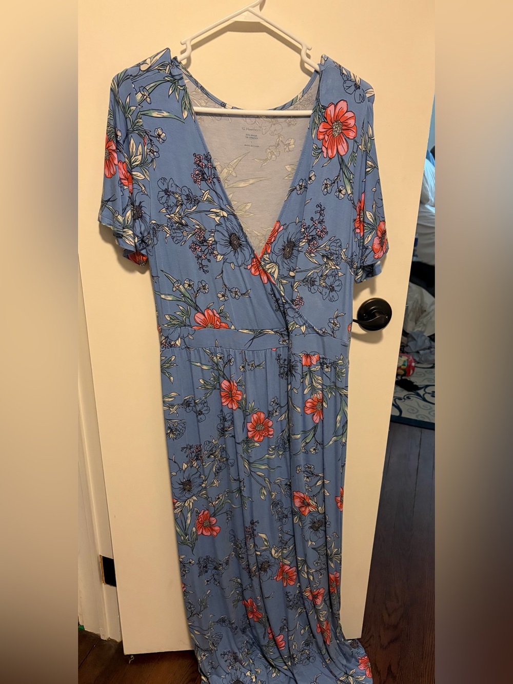 41 Hawthorn Dusty Blue Floral Wrap Midi Dress with Coral Accents